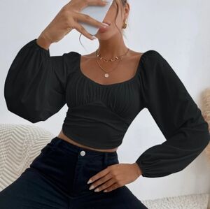 Black Sweetheart Neck Lantern Sleeve Blouse